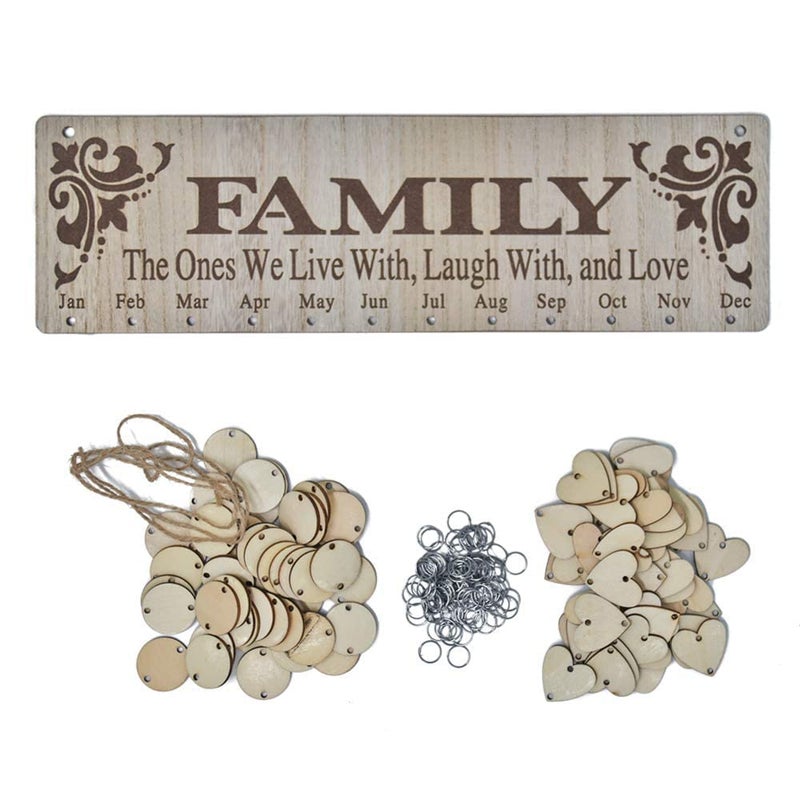 OYEFLY Wooden Family Birthday Reminder Calendar Board Decorative Birthday Tracker Plaque Wall Hanging with 100 Wood Tags and Holes/Family Sayings Pattern - Image 3